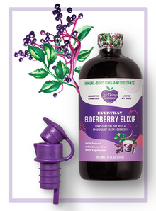 Elderberry Elixir and Pour Spout Starter Set includes 16 Ounce Elderberry Elixir Syrup and Purple Pour Spout