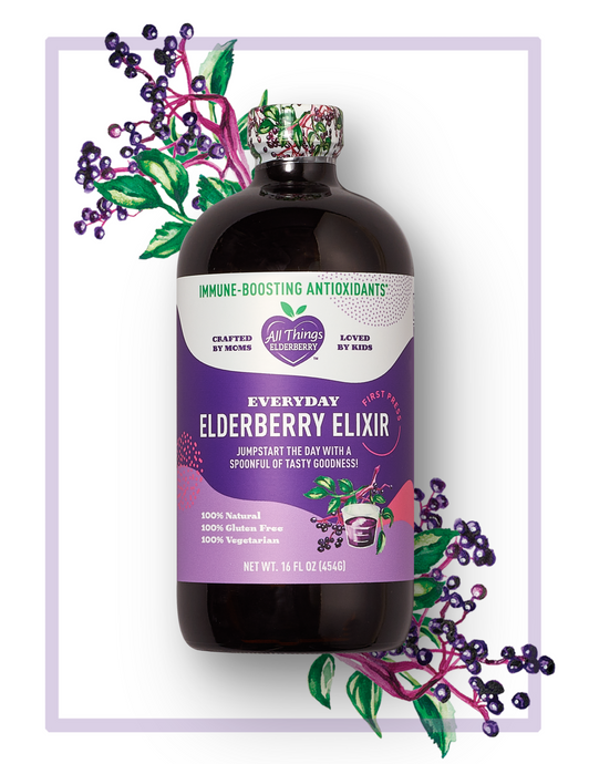 16 fluid ounce of everyday Elderberry Elixir filled with immune-boosting antioxidants from All Things Elderberry 