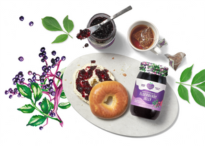 Elderberry Jelly Spread onto Bagel paired with our Elderberry Tea