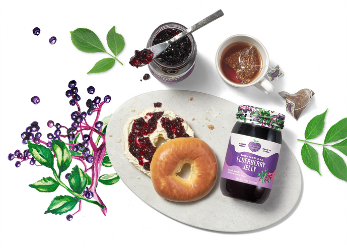 Elderberry Jelly Breakfast Set display with bagel topped with our Elderberry Jelly and paired with our Elderflower Tea